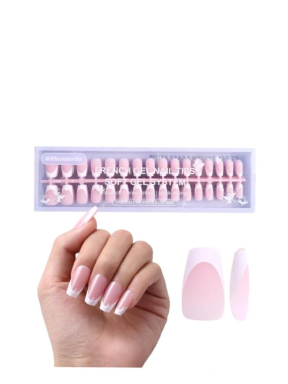 French Tip Pink And White Medium Coffin Press-On Nails